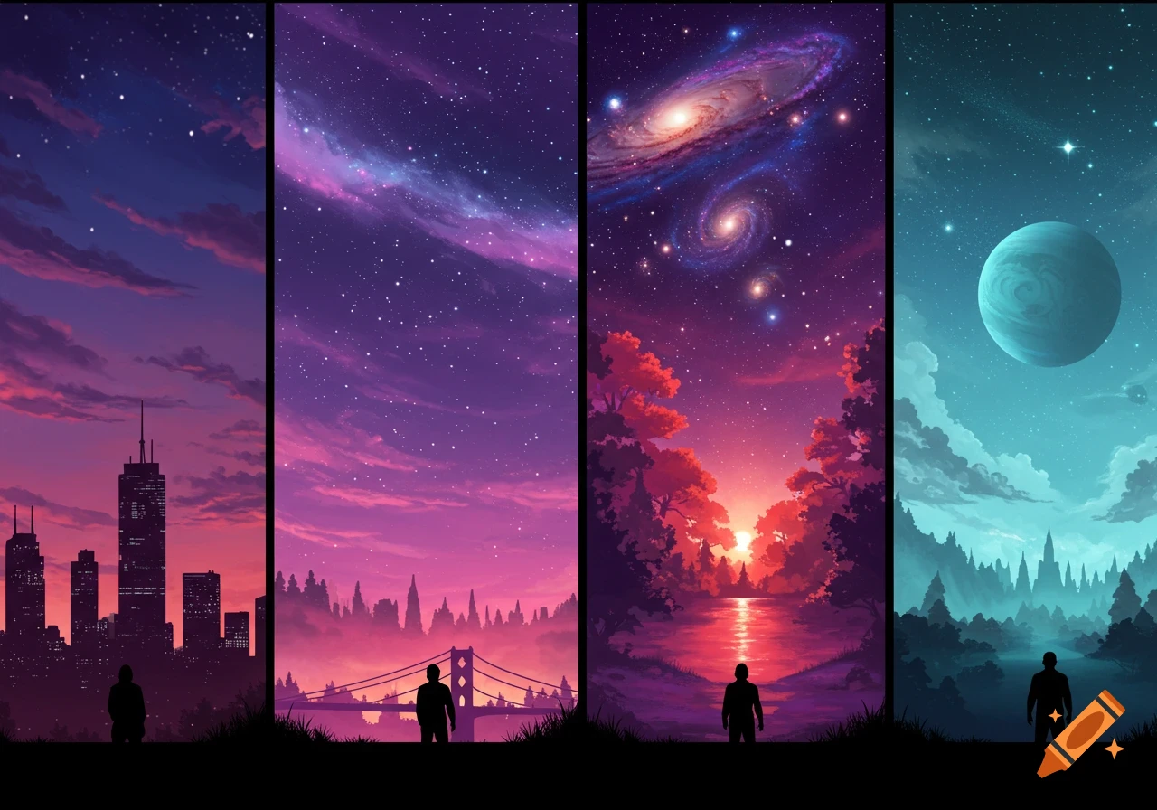 Four illustrated panels: city, bridge/nebula, lake/sunset/galaxies, planet/alien landscape, each with a silhouetted figure.