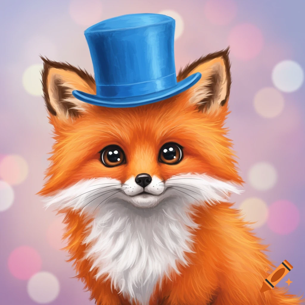 A cute fox wearing a blue top hat against a bokeh background.