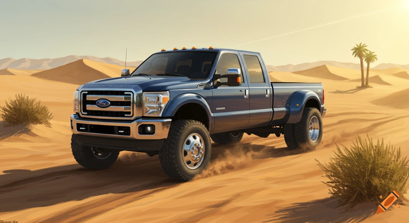 Blue Ford F350 dually truck drives off-road through sandy desert landscape. Illustration.