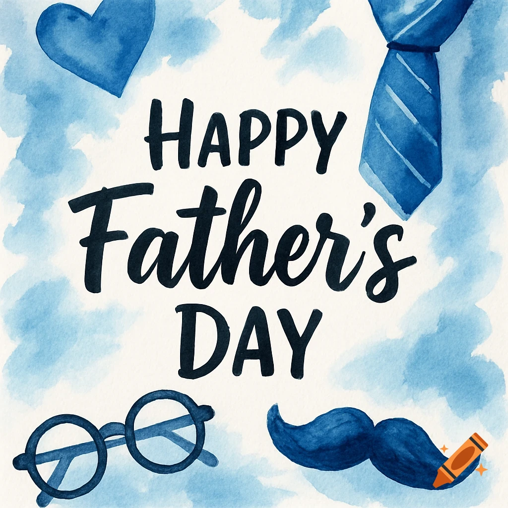 Watercolor Father's Day card with text, heart, tie, glasses, and mustache.