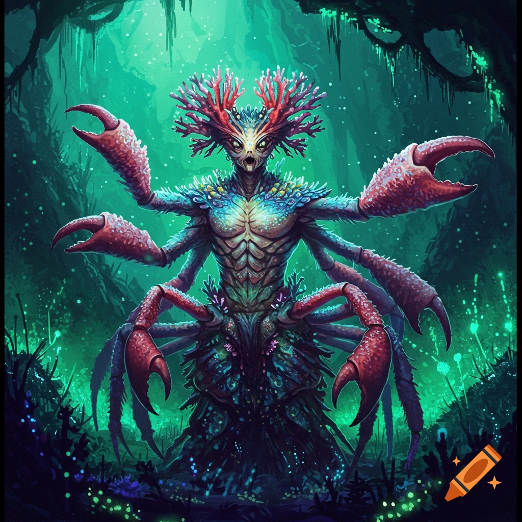 An alien creature resembling a crab person stands in a glowing fantasy forest.