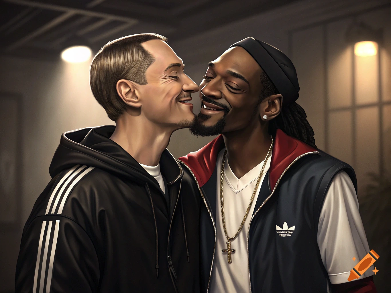 Stylized illustration of two male rappers, Eminem and Snoop Dogg, sharing a kiss.