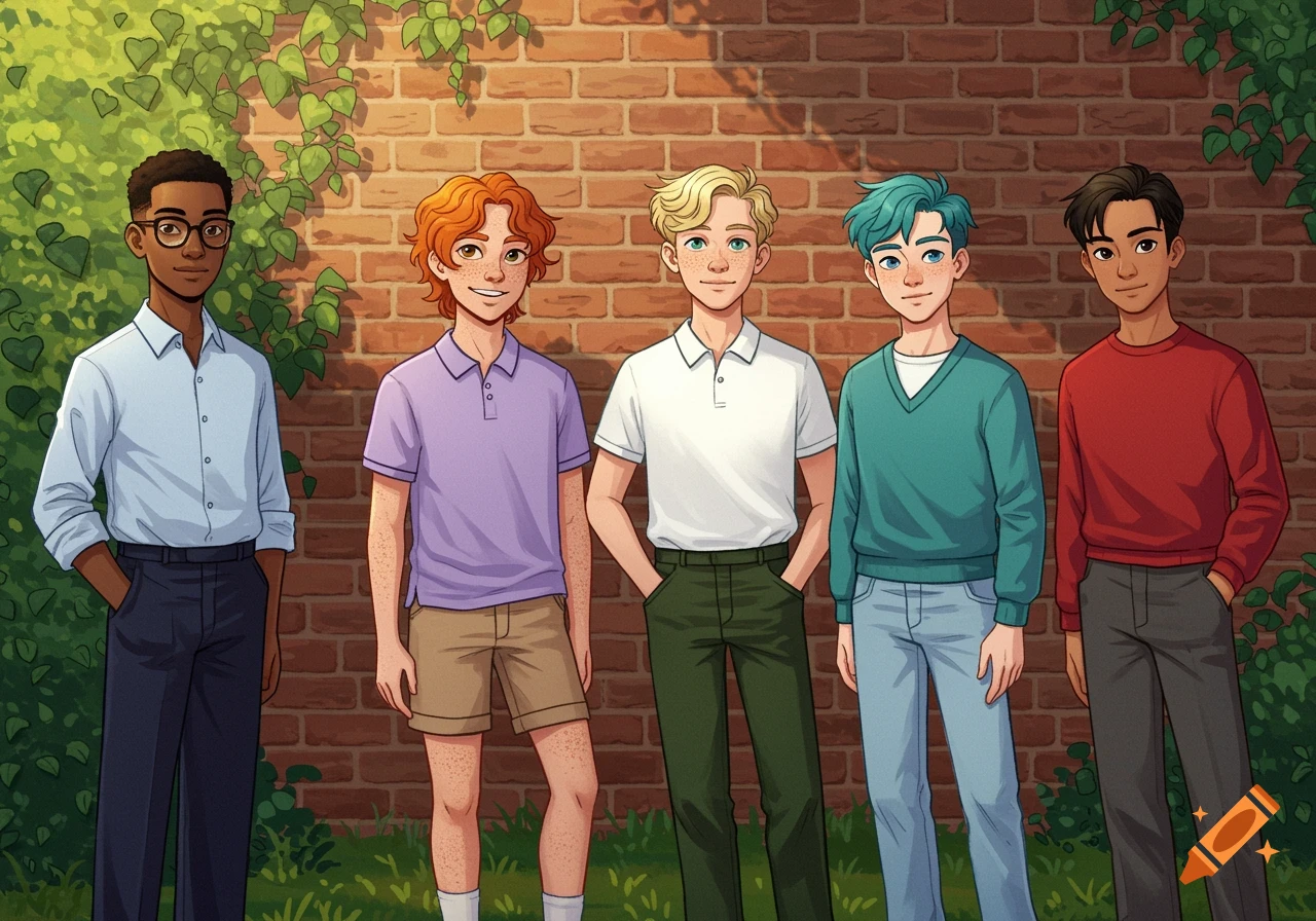 Five diverse cartoonish boys stand together against a brick wall.