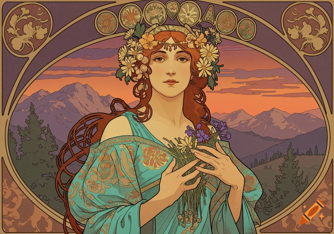 Art Nouveau depiction of a woman with flowers in her hair, standing before a mountainous landscape at sunset.