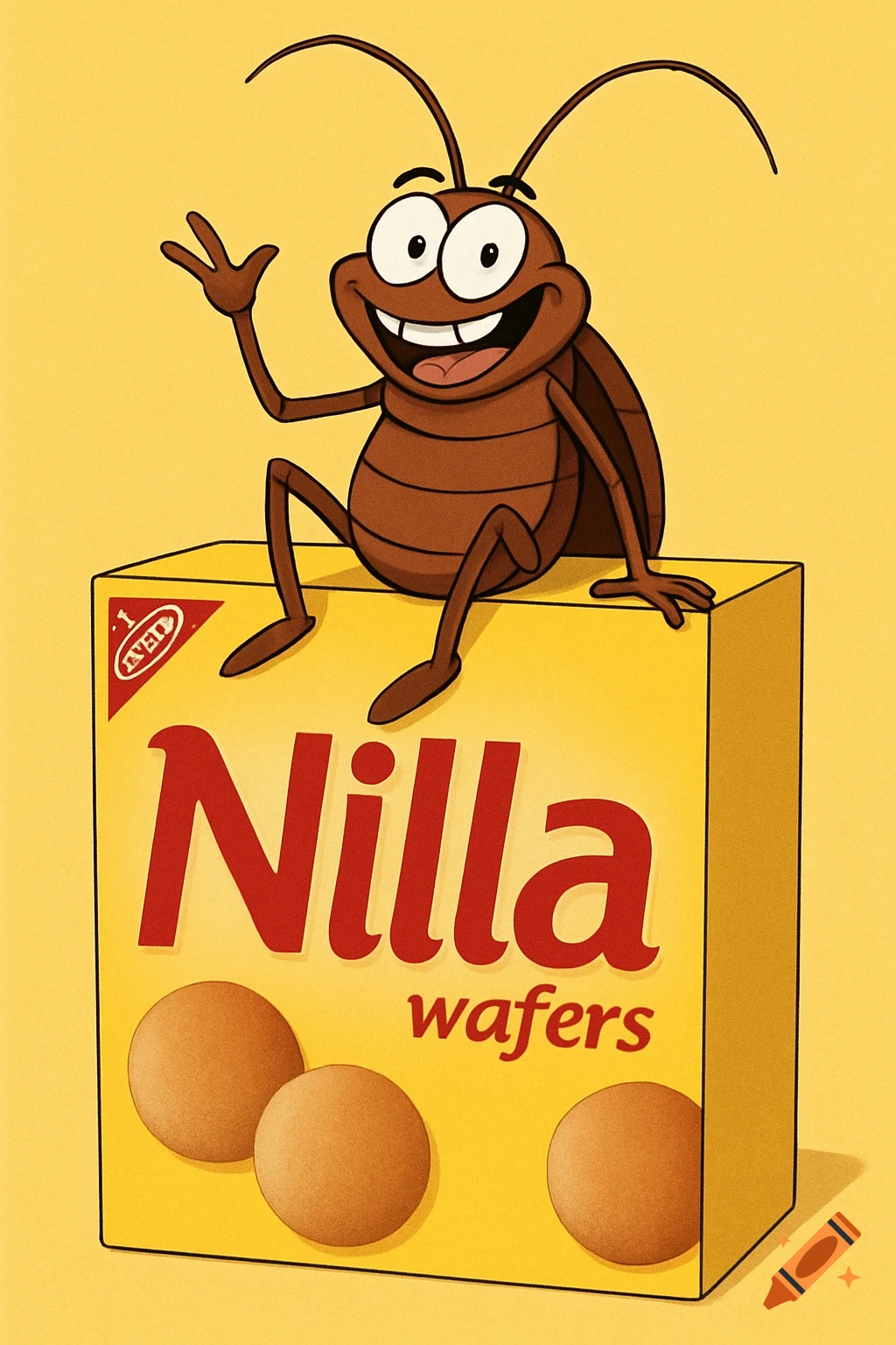 Cartoon cockroach sits on a box of Nilla wafers.