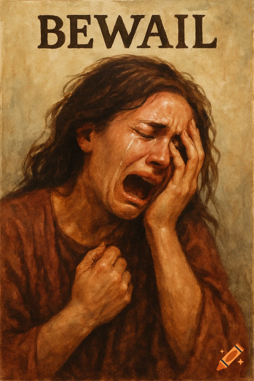 Painting of a woman crying with the word BEWAIL above her on Craiyon