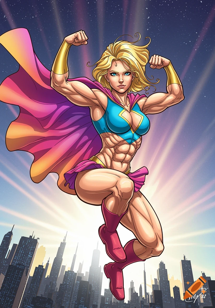 Muscular blonde female superhero in blue and pink costume flexing while flying over a city skyline, comic art style.