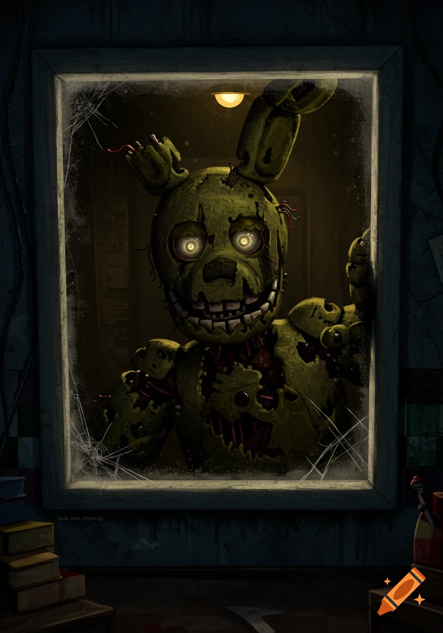 Realistic illustration of Springtrap from Five Nights at Freddy's peering through a broken window.