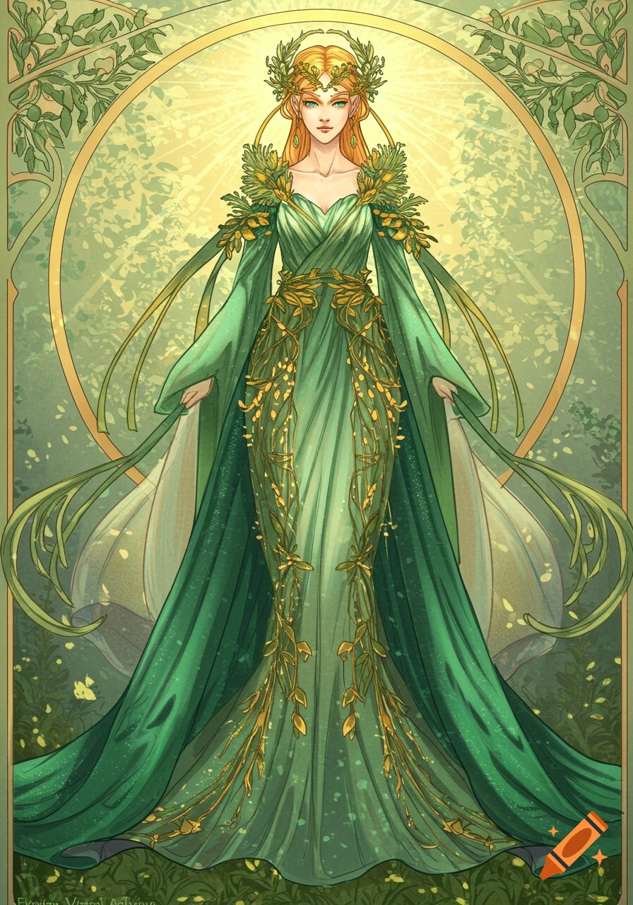 Illustration of a goddess of nature in a green gown with gold leaf details, framed by art nouveau style leaves.