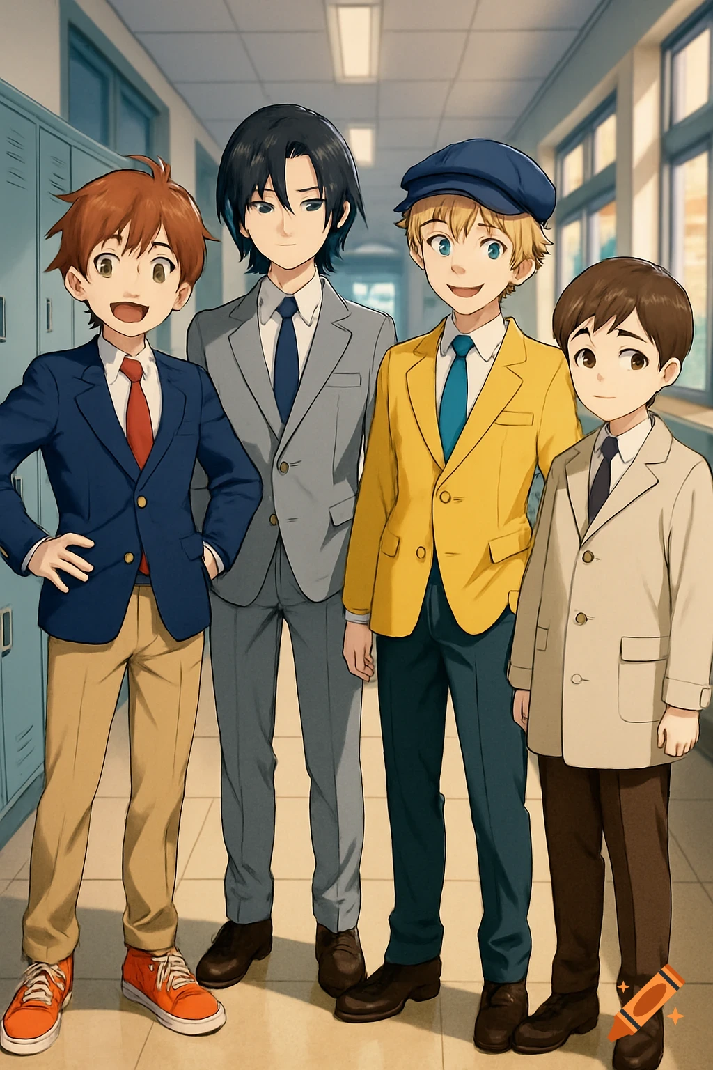 Four anime boys in suits stand in a school hallway.