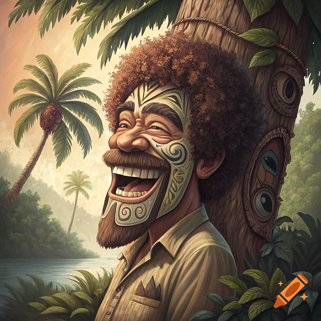 Stylized portrait of a man with a tiki mask face laughing in a tropical setting.