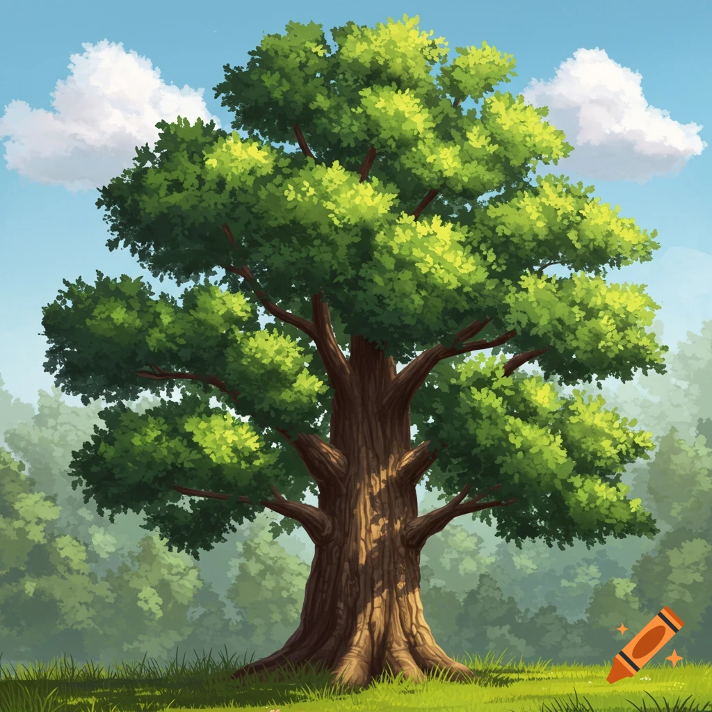 A large oak tree stands in a grassy field with a forest in the background under a blue sky with clouds. Stylized illustration.