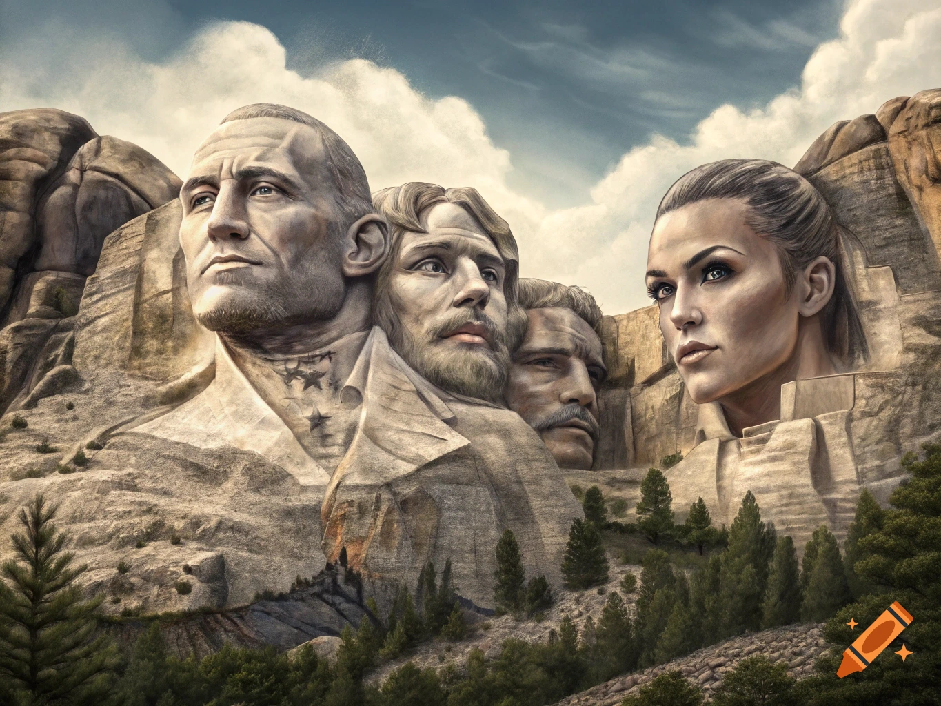 Mount Rushmore carved with faces of Dwayne Johnson, Finn Balor, Randy Orton, and Cora Jade.