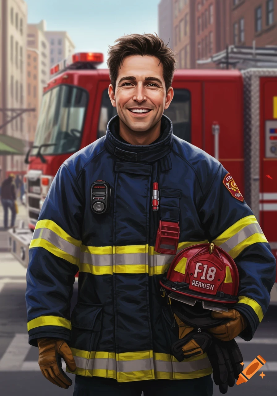 A smiling male firefighter in uniform holds his helmet and gloves with a fire truck behind him.