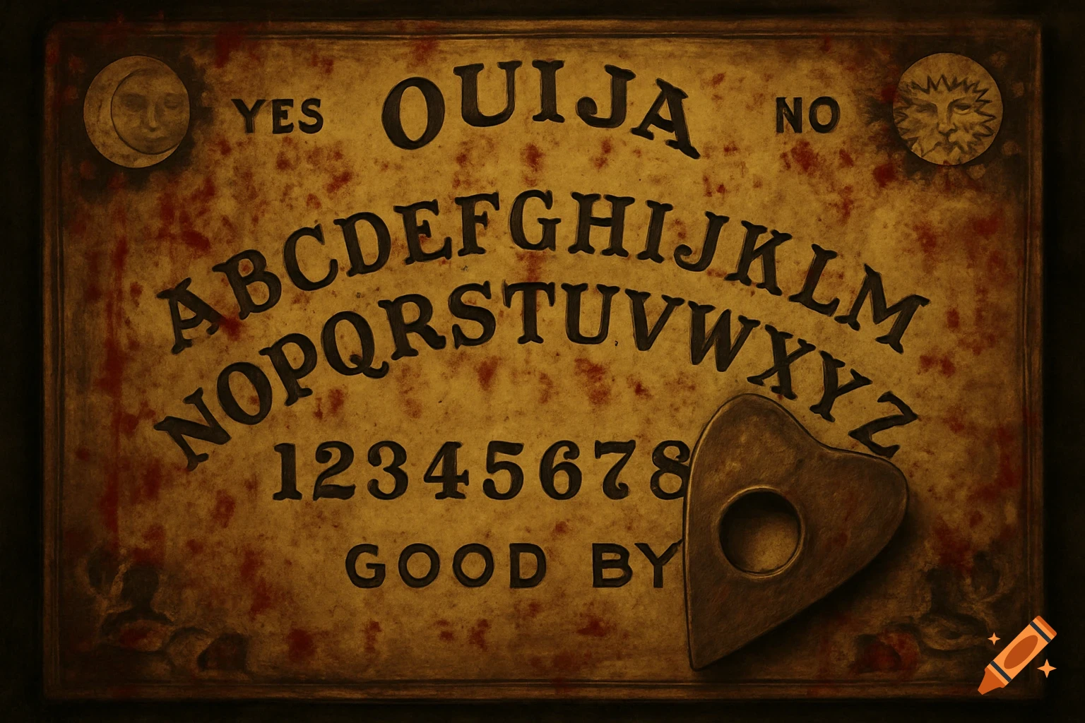 Close-up of a grungy Ouija board with faint blood splatters and a planchette.