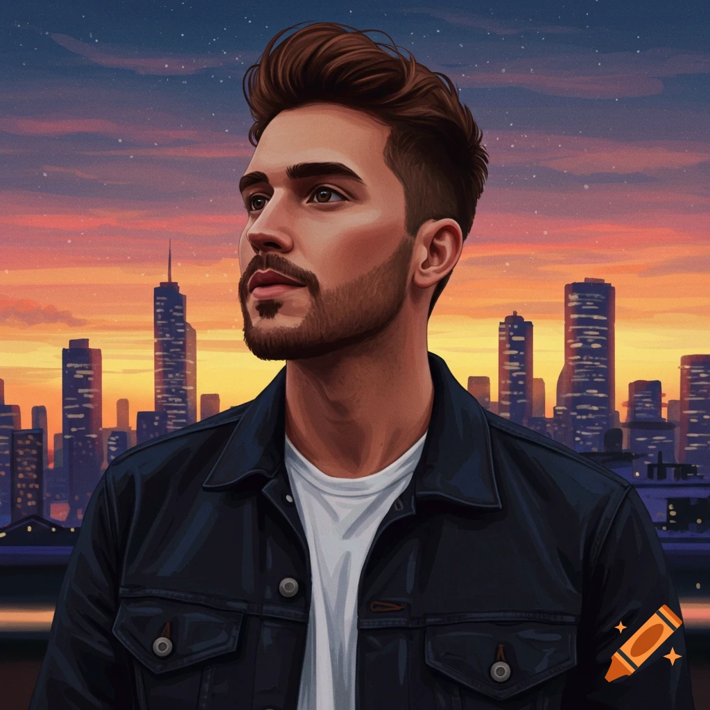 Stylized portrait of a man in a jacket in front of a city skyline at sunset.