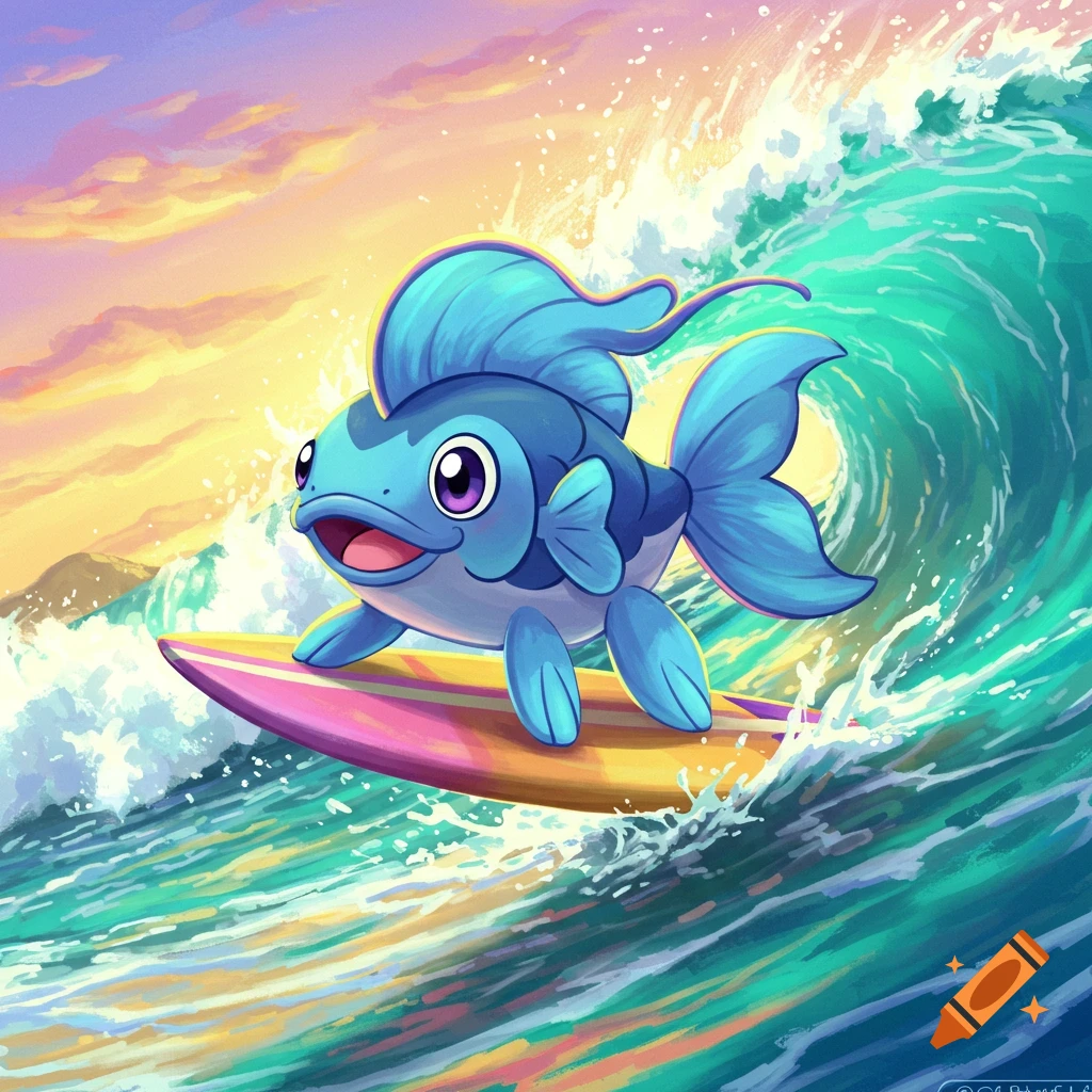 A blue fish character surfing on a colorful surfboard on a wave at sunset.