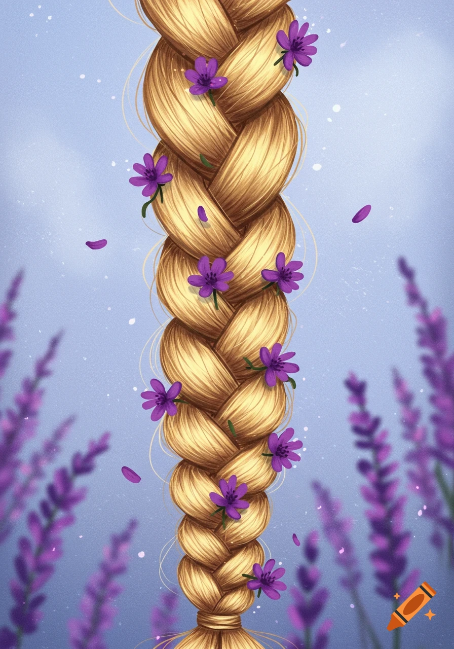 A detailed vertical image of a blonde braid decorated with small purple flowers and falling petals, with blurred lavender in the background.