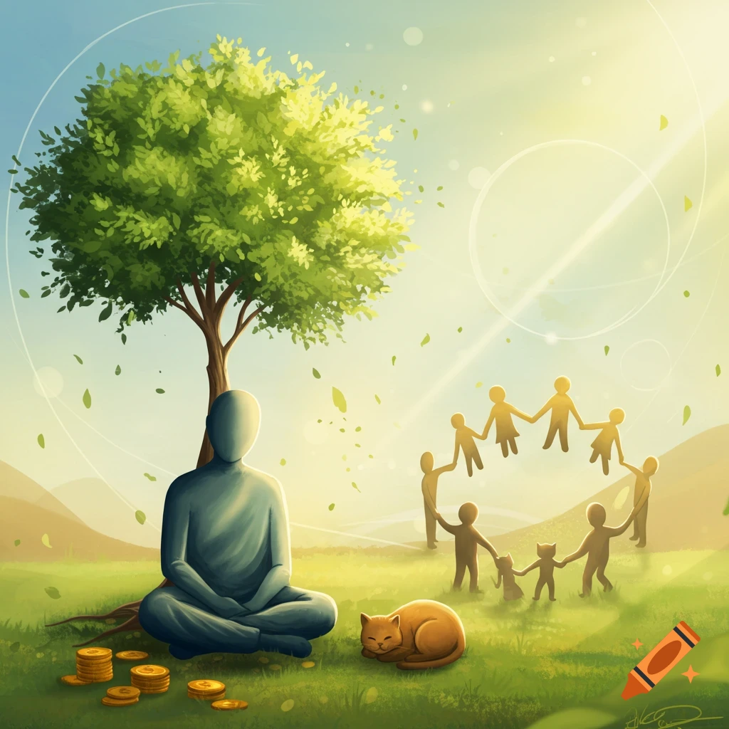 A meditating figure sits under a large tree next to a sleeping cat and coins, while stylized people stand in a circle.