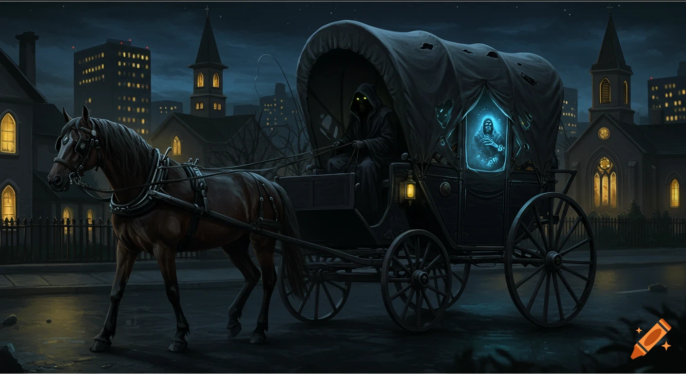 A horse-drawn wagon carrying a hooded driver and glowing ghostly figure travels through a dark city street at night. Digital painting.