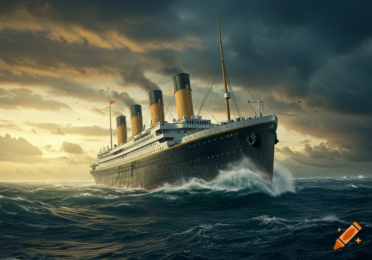 RMS Titanic sailing through rough seas under dramatic clouds