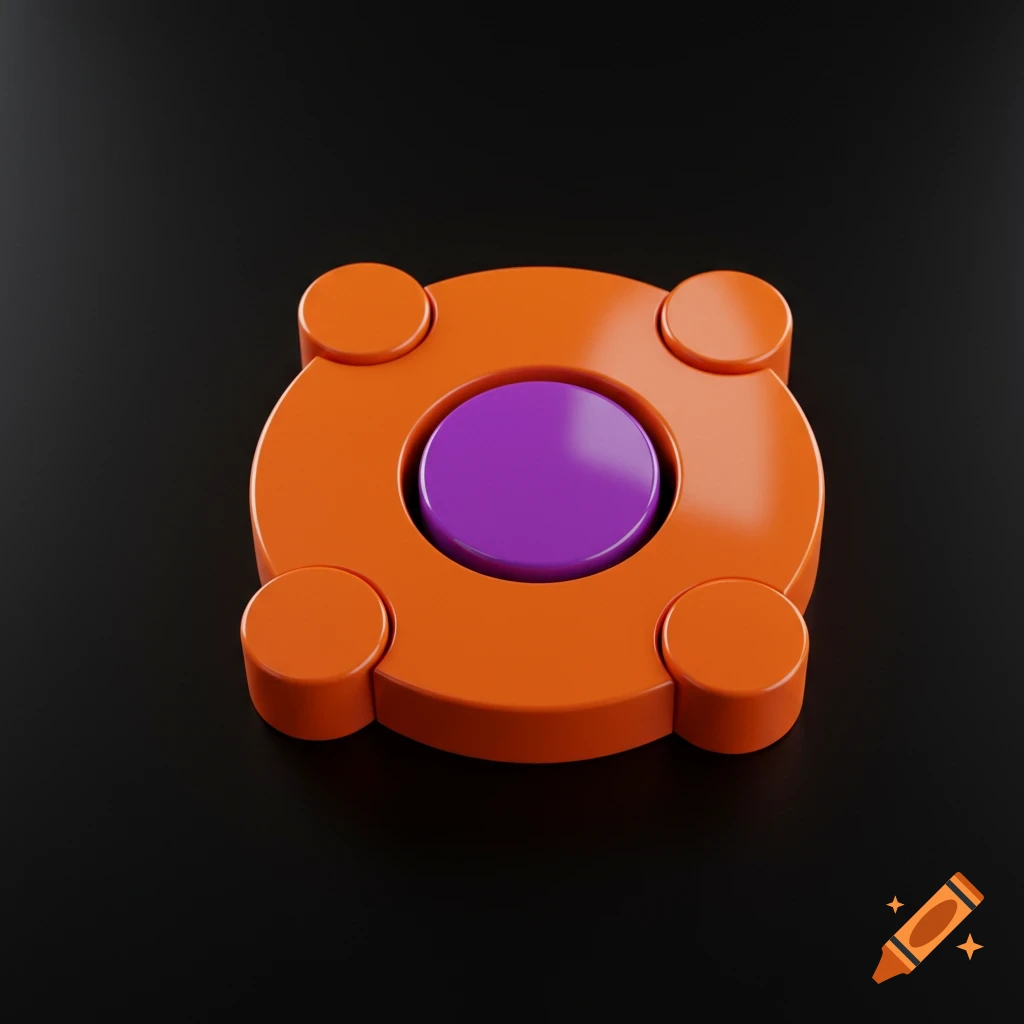 A 3D render of an orange circular object with a purple center button and four orange cylinders.