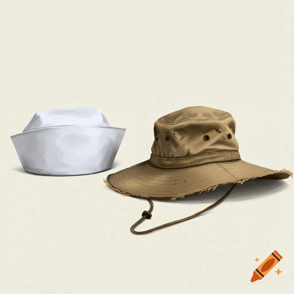A white sailor hat next to a brown boonie hat