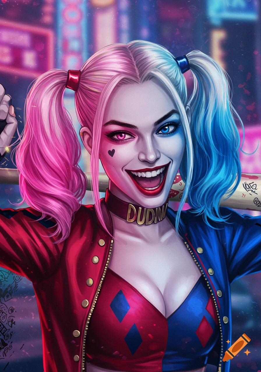 Stylized illustration portrait of Harley Quinn with pink and blue pigtails, wearing her signature red and blue outfit, holding a baseball bat.