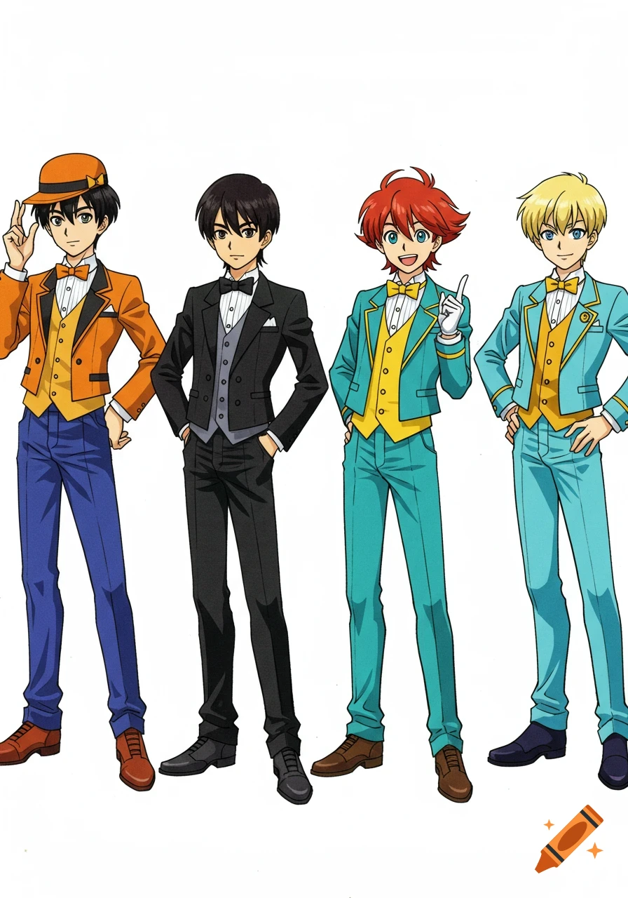 Four young male anime characters in colorful tuxedos stand against a white background