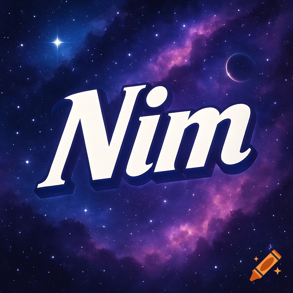 The name Nim in a bold italic font against a galaxy background.