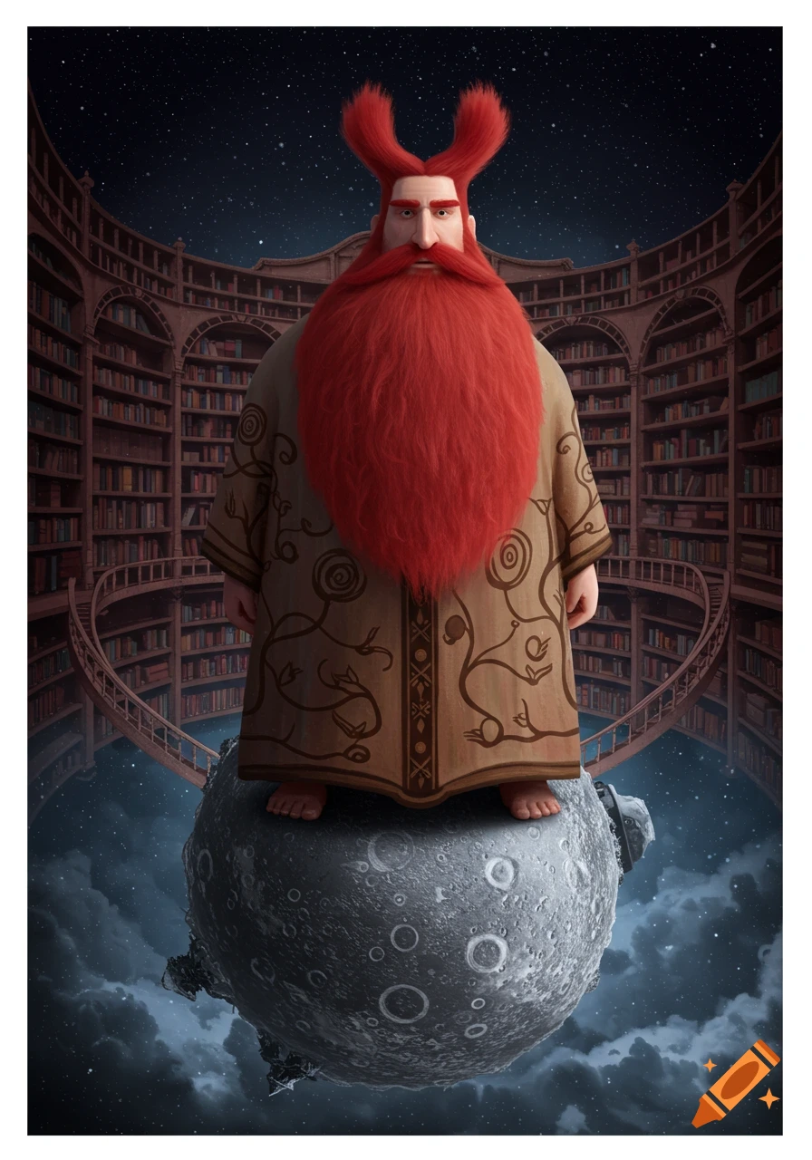 Stylized man with red beard stands on moon with library in background