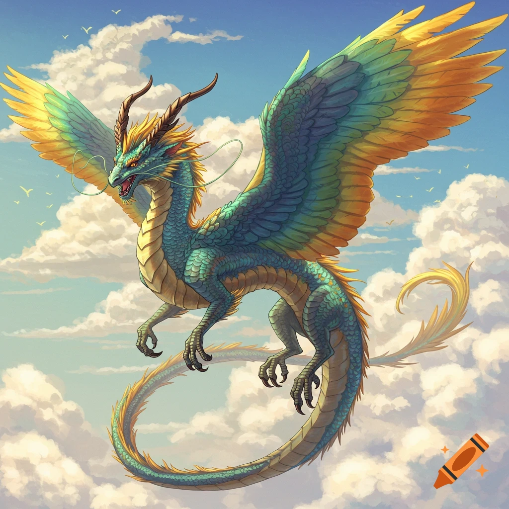 A vibrant fantasy dragon with feathered wings flies among clouds in a blue sky.