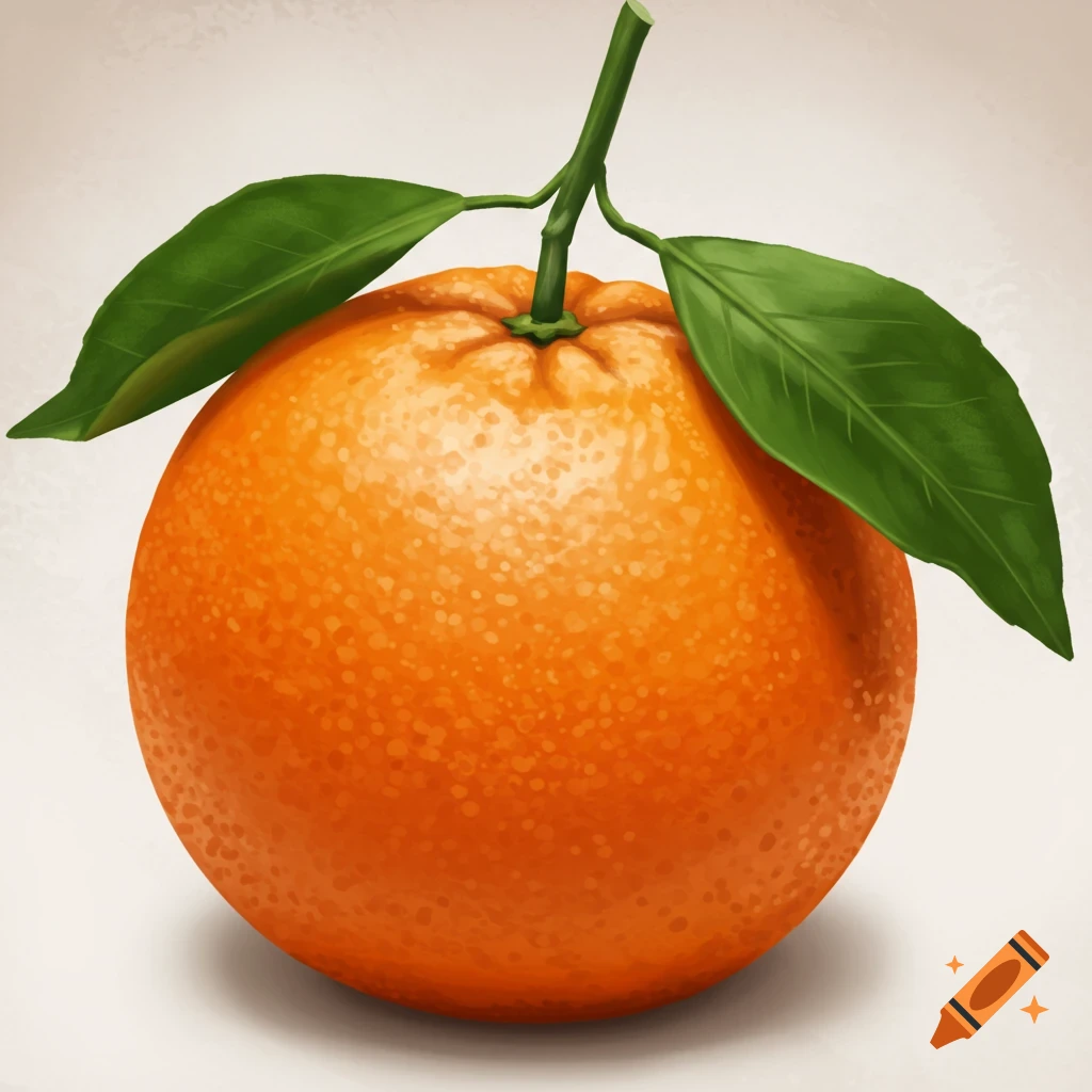 An orange with leaves and stem, illustration style