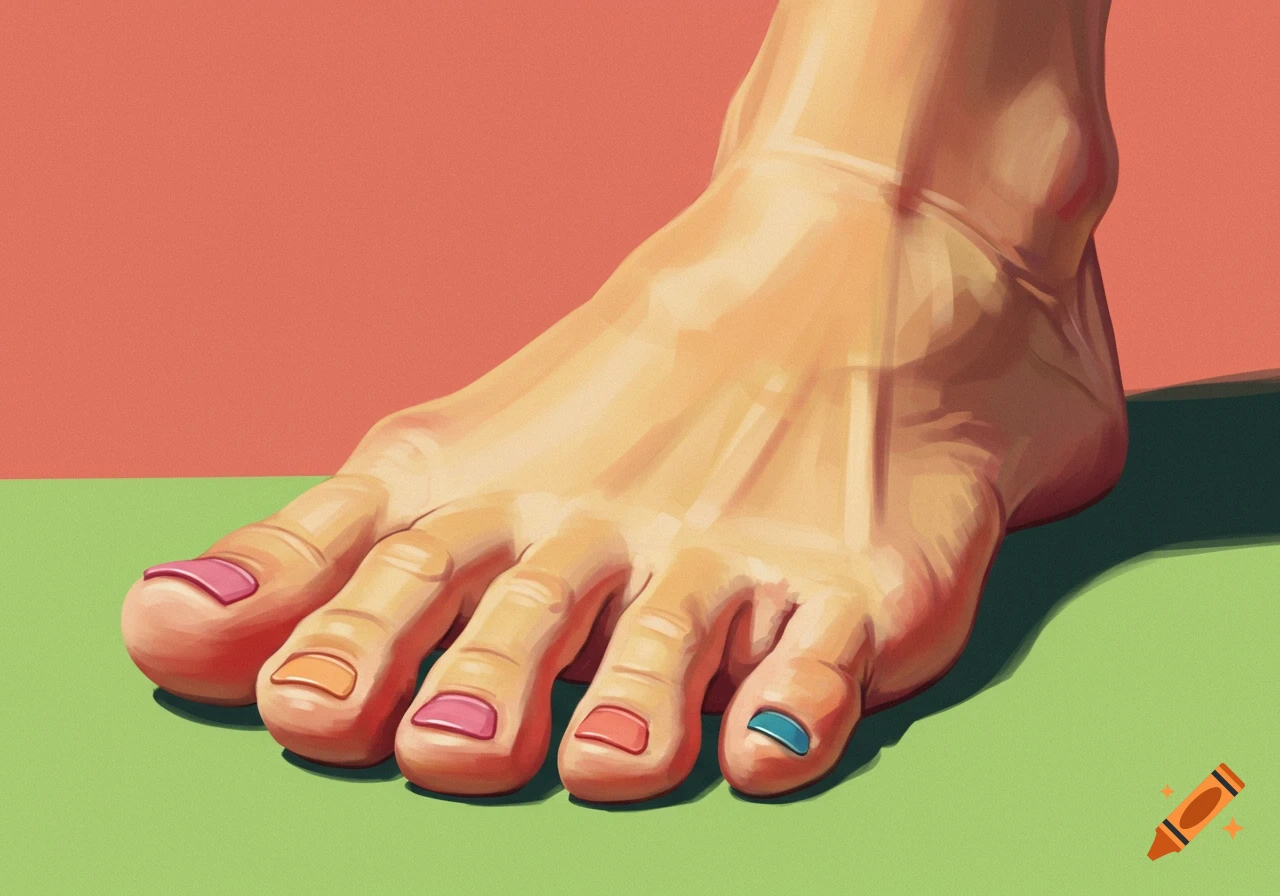 Close-up illustration of a foot with brightly painted toenails against a two-color background.