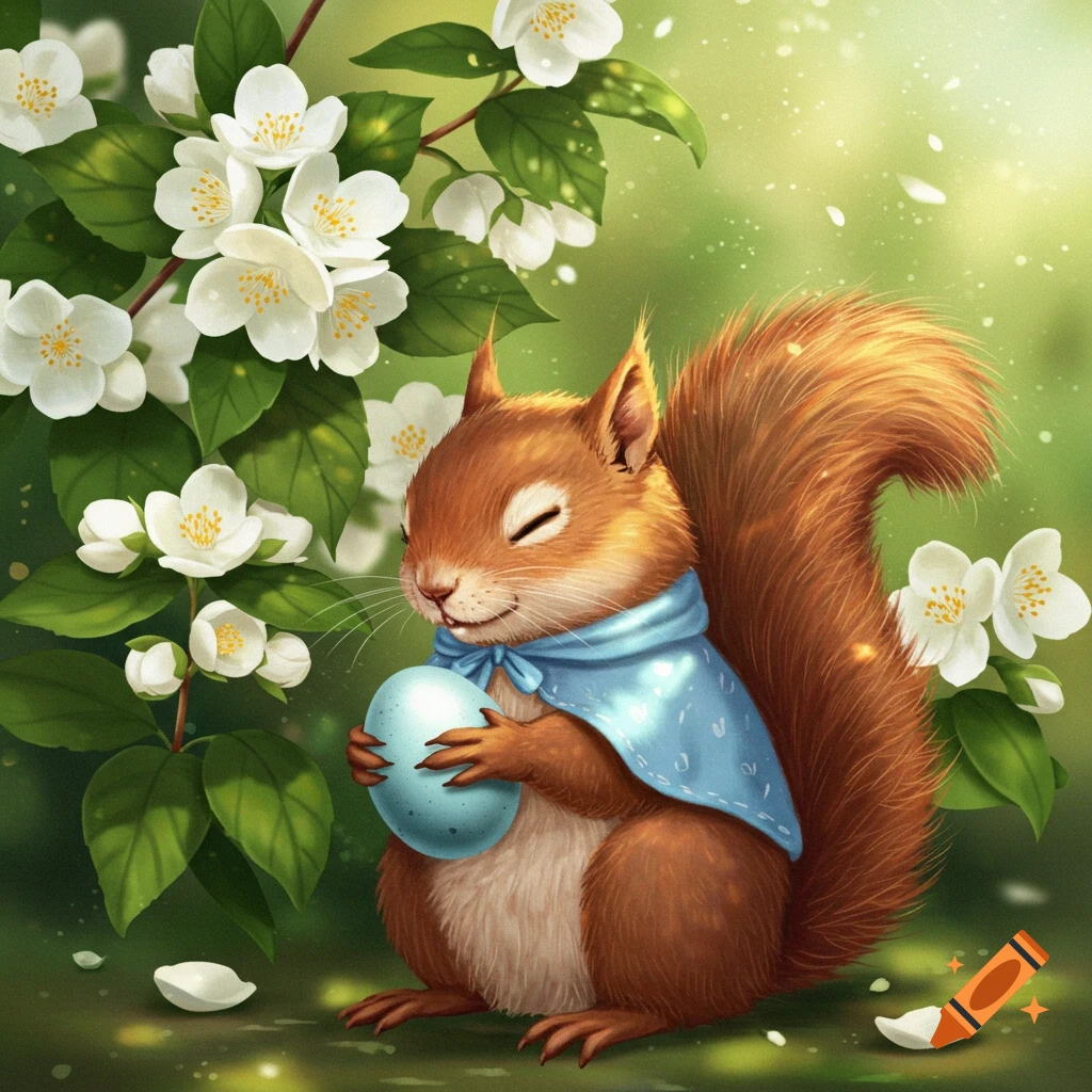 Illustrated squirrel in blue cape holding blue egg near jasmine flowers.