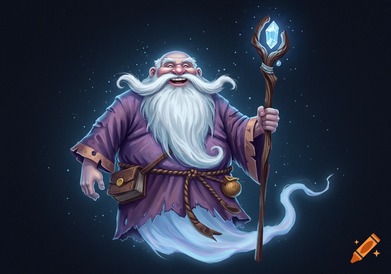 An illustration of a cheerful, overweight wizard ghost holding a glowing crystal staff.