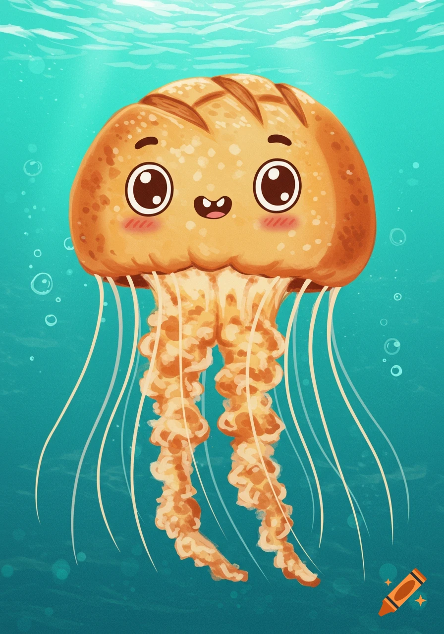 Cartoon illustration of a bread jellyfish swimming underwater