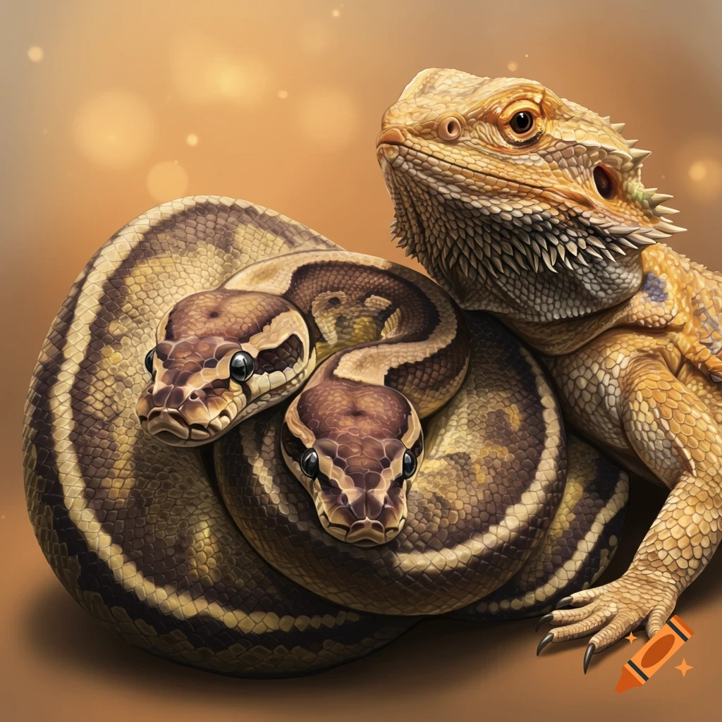 Close-up illustration of a bearded dragon sitting next to a ball python coil showing two heads.