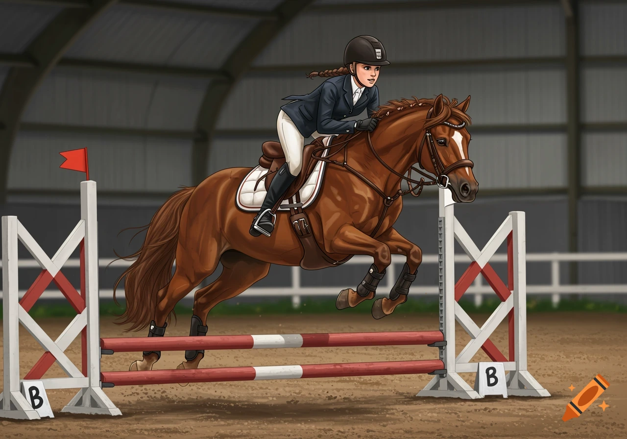 A person on a brown horse jumping over a red and white hurdle indoors. The person is wearing a riding helmet and jacket.