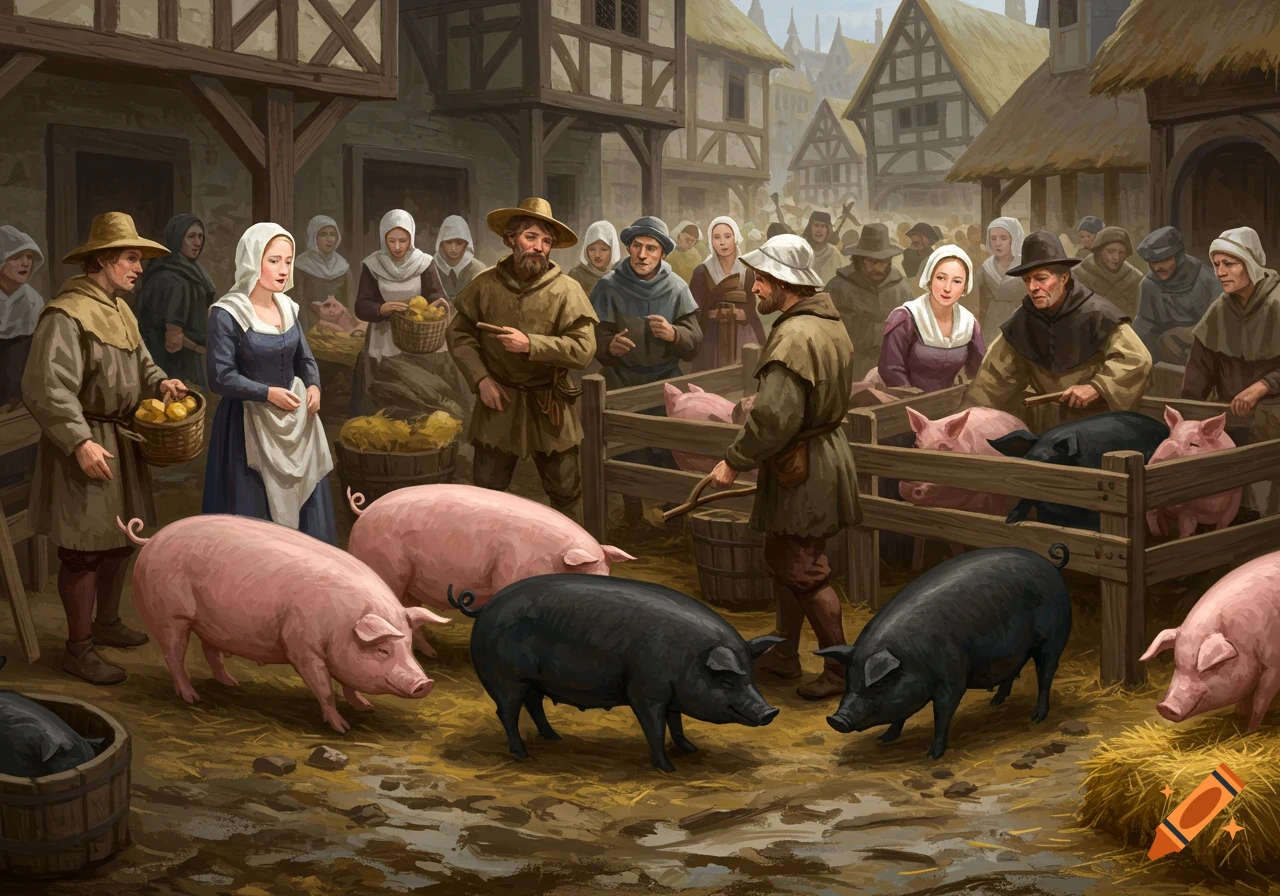 A busy 15th-century market scene with people interacting around pens of pigs.