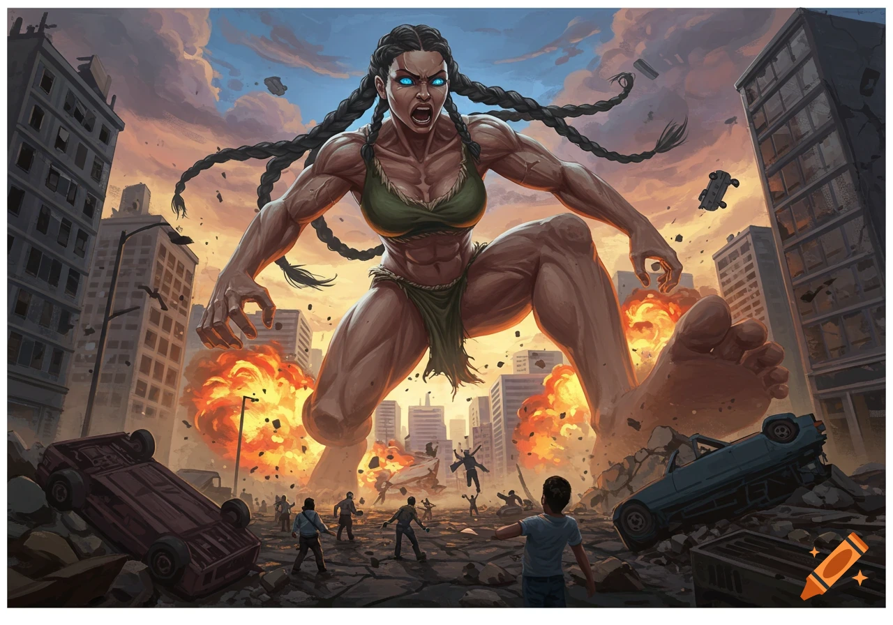 A giant muscular woman with braided hair stands over a destroyed city, with explosions behind her and tiny people running. Digital painting.