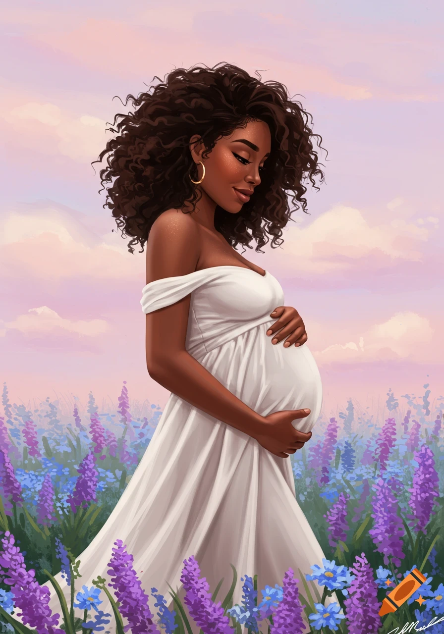 An illustration of a pregnant woman in a white dress standing in a field of purple flowers.