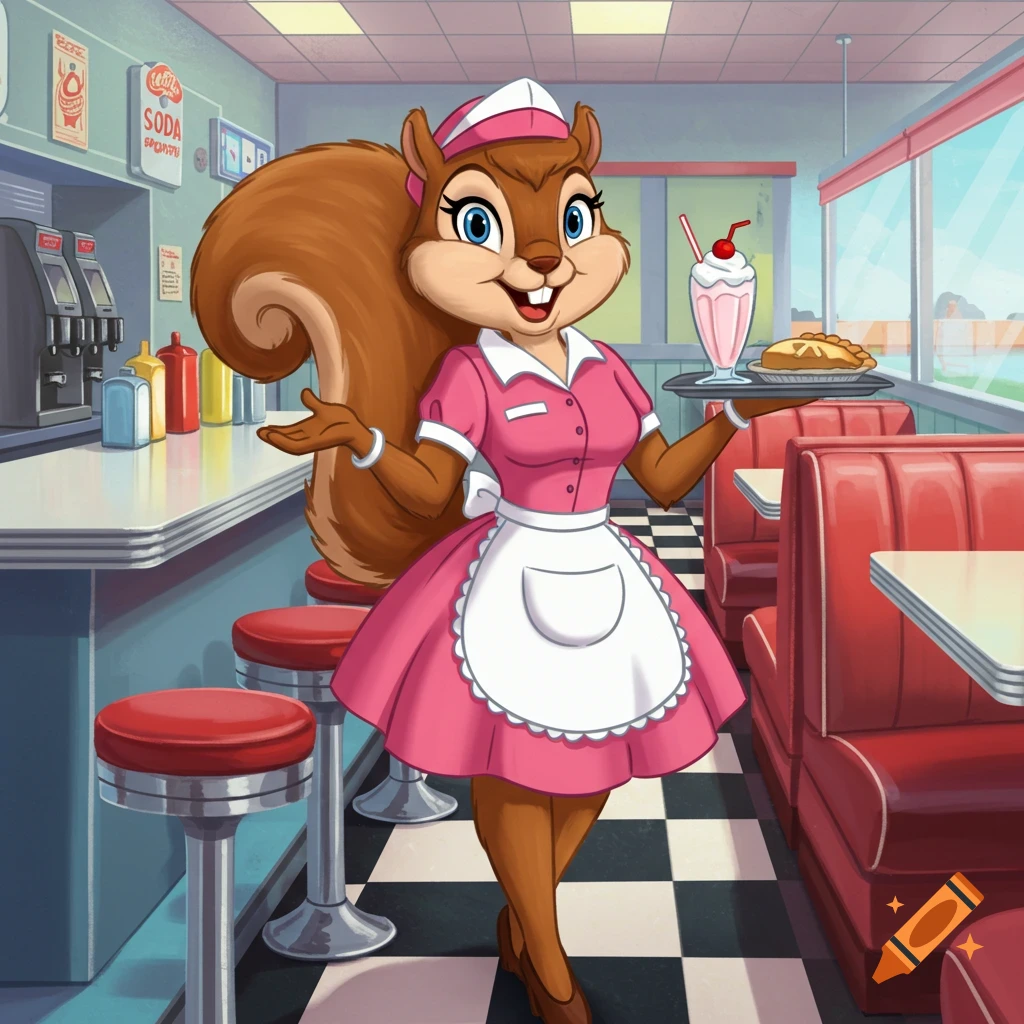 Cartoon squirrel waitress holds a milkshake and pie in a 1950s diner.