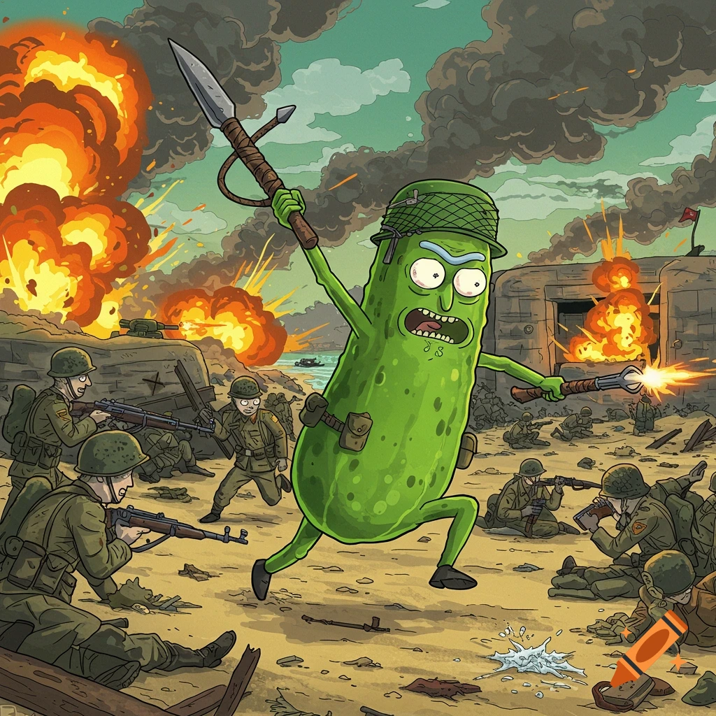 Pickle Rick charges forward on a beach battlefield amidst soldiers and explosions.