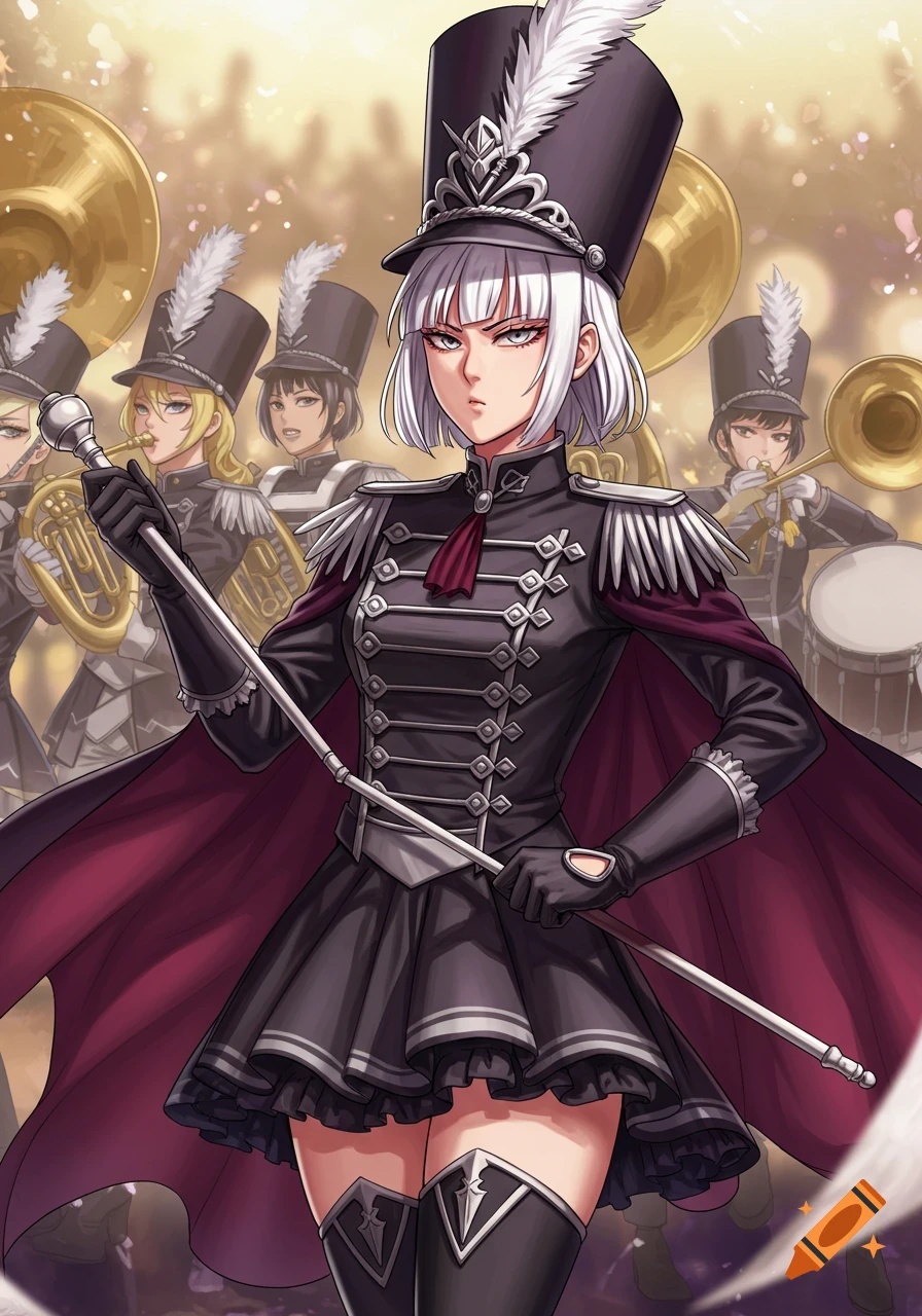 Anime style illustration of a woman in a gothic marching band uniform holding a baton, leading a band.