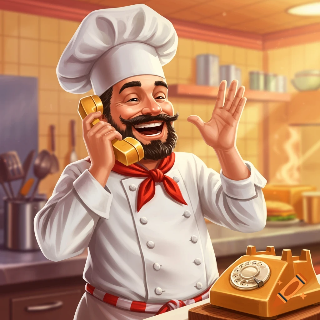 A cheerful chef with a mustache holds a phone receiver and waves in a cartoon kitchen.
