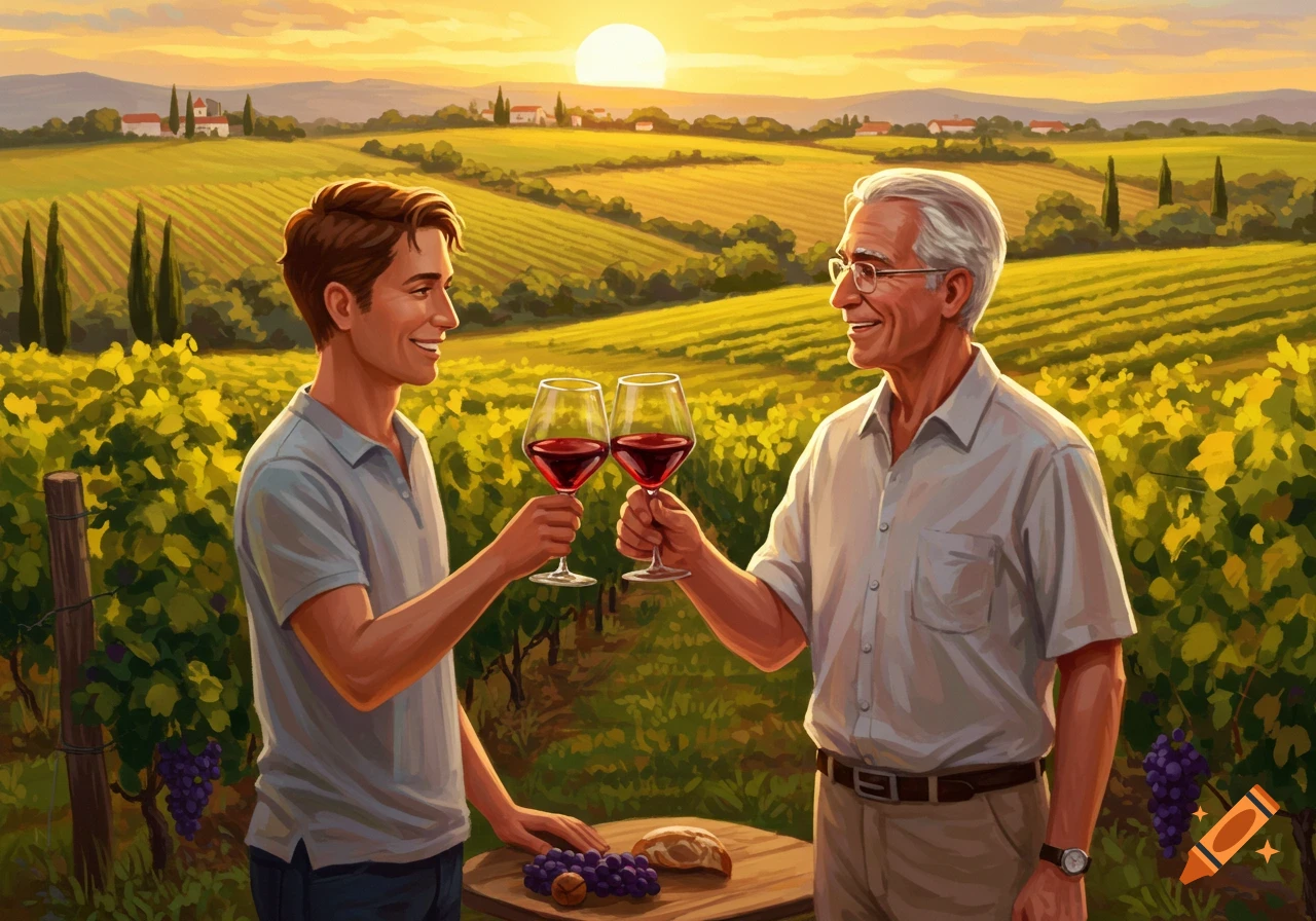 Two men toast with wine glasses in a vineyard at sunset, painterly style.