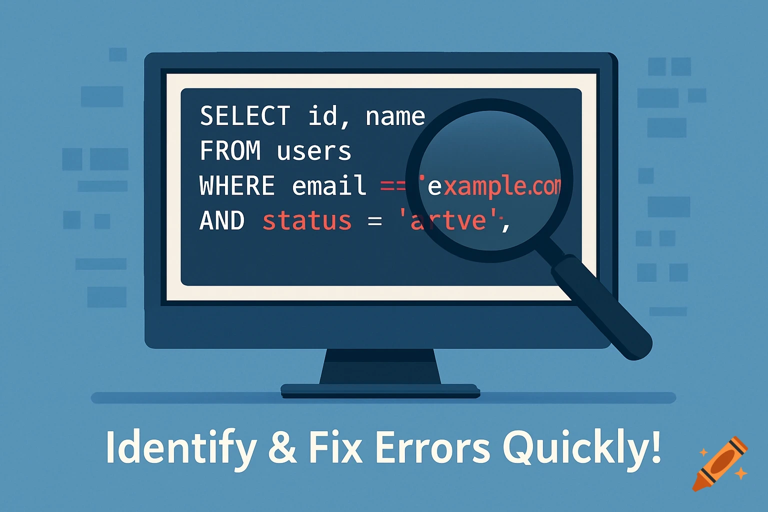 Illustration of a computer screen with an SQL query, magnifying glass, and text 'Identify & Fix Errors Quickly!'