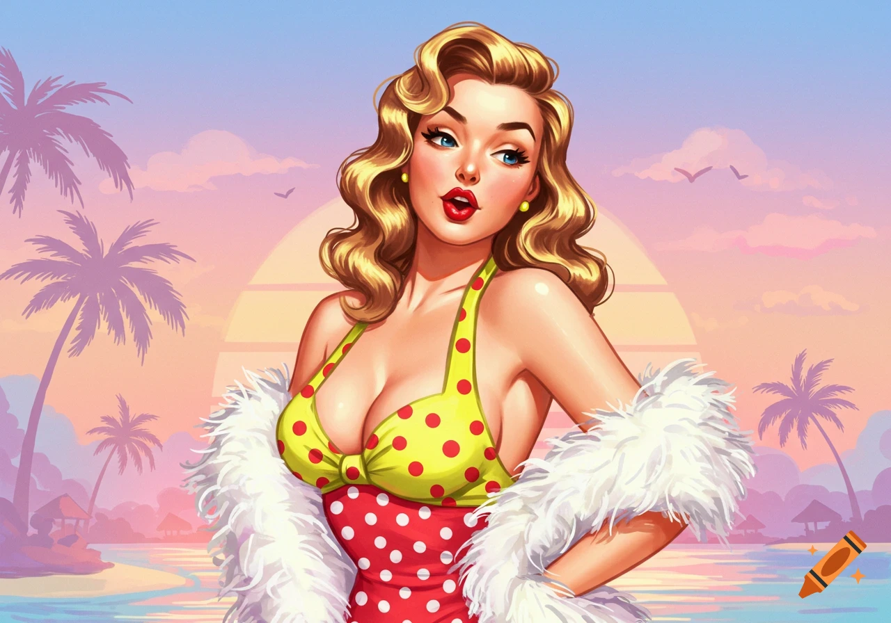 Illustration of a blonde pinup woman in a polka dot swimsuit and boa against a tropical sunset.