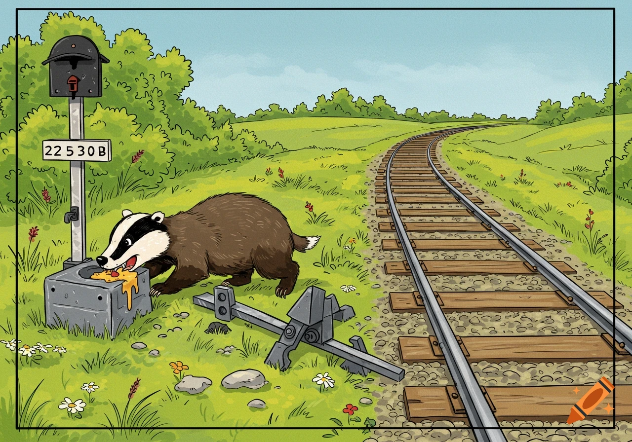 Cartoon illustration of a badger eating from a railway junction box next to a railway track.